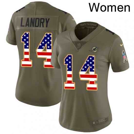 Womens Nike Miami Dolphins 14 Jarvis Landry Limited OliveUSA Flag 2017 Salute to Service NFL Jersey
